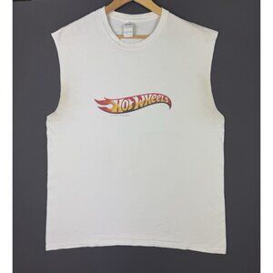 Vintage Y2K Hot Wheels Car Toy Promo Cut Off Sleeve White Shirt Large Rare Flame